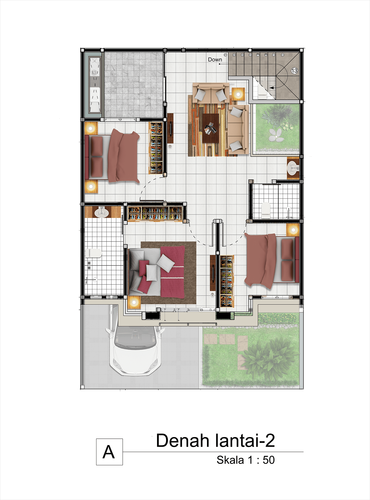 gambar denah layout lantai dua rumah arsitektur modern tropis kontemporer