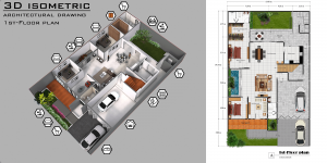 desain denah arsitektur 3d isometric lantai satu rumah modern minimalis