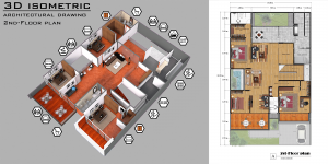 desain denah arsitektur 3d isometric lantai dua rumah modern minimalis